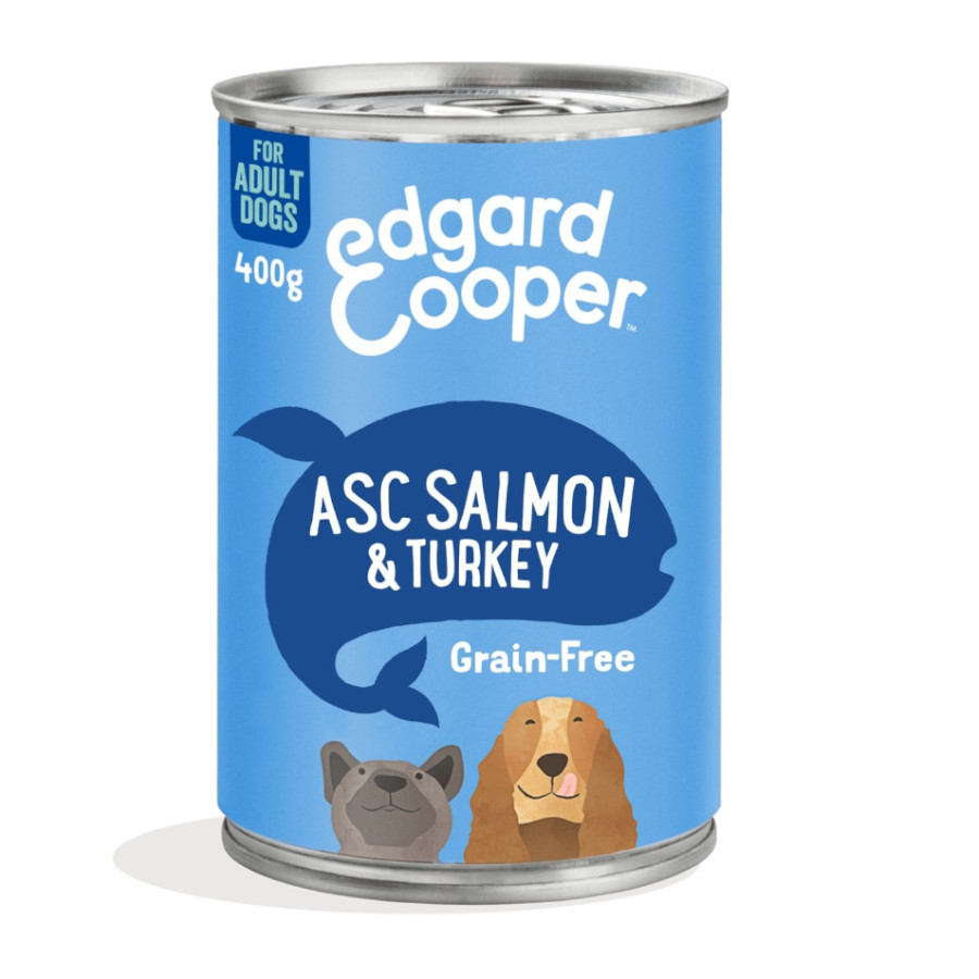 Ração enlatada Edgard & Cooper sem grãos, com salmão e peru, para cães.