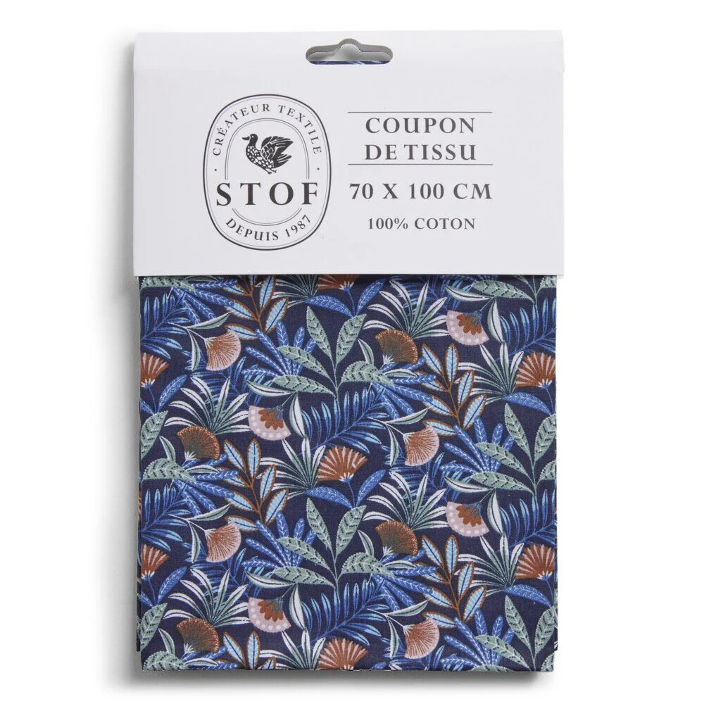 Coupon tissu imprimé Cahuita 70x100cm coton bleu marine