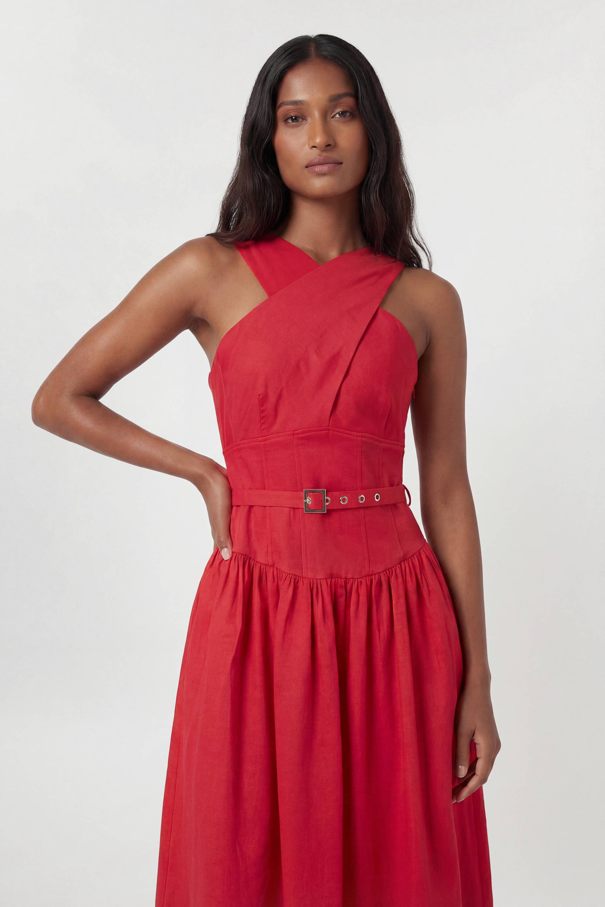 KarenMillen Robe Mi-Longue Évasée En Lin Premium Avec Col Licou Et Ceinture Ajustée