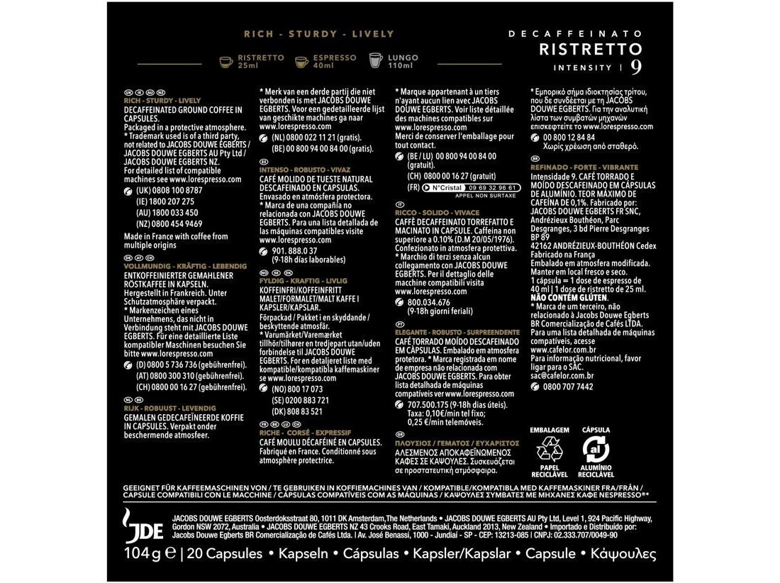 CÁPSULAS DE CAFÉ L'OR RISTRETO DESCAF COMP NSP 20 UN