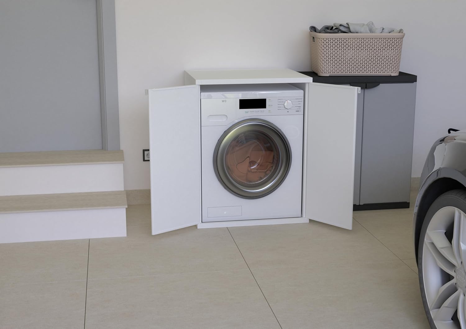 mongardi: Waschmaschinenabdeckung aus PP, PVC und ABS-Kunstharz, universell, einfach zu montieren, feuchtigkeitsbeständig, Waschküche, Garage, Außenbereich, 68,5 x 64,5 x 88 cm, Weiß