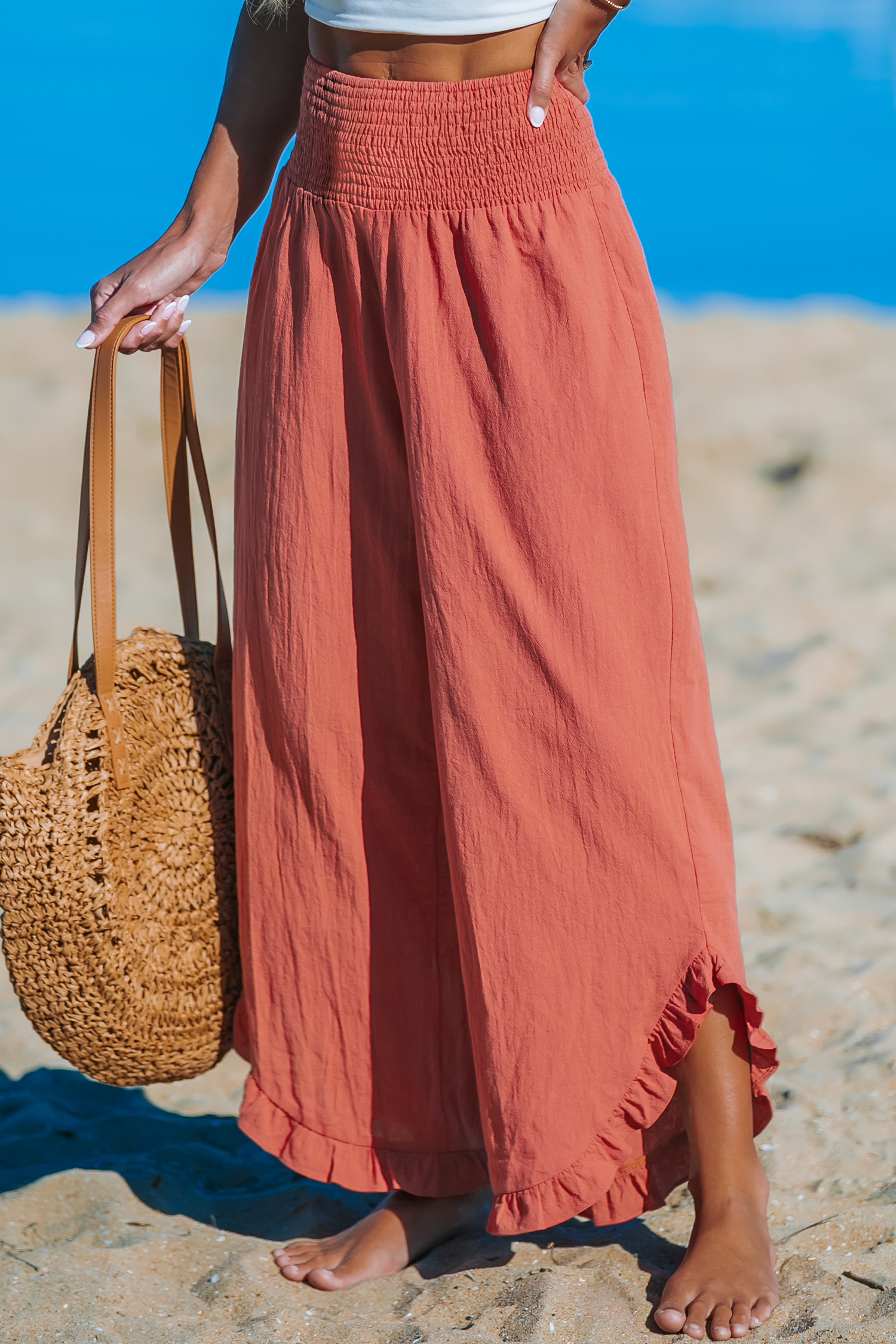 Pantalon en pur coton avec jambe droite et taille à smocks rouge