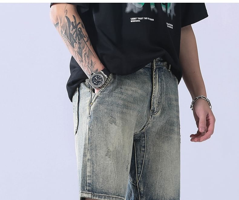 Phoneus - Mid Rise Washed Wide Leg Denim Shorts