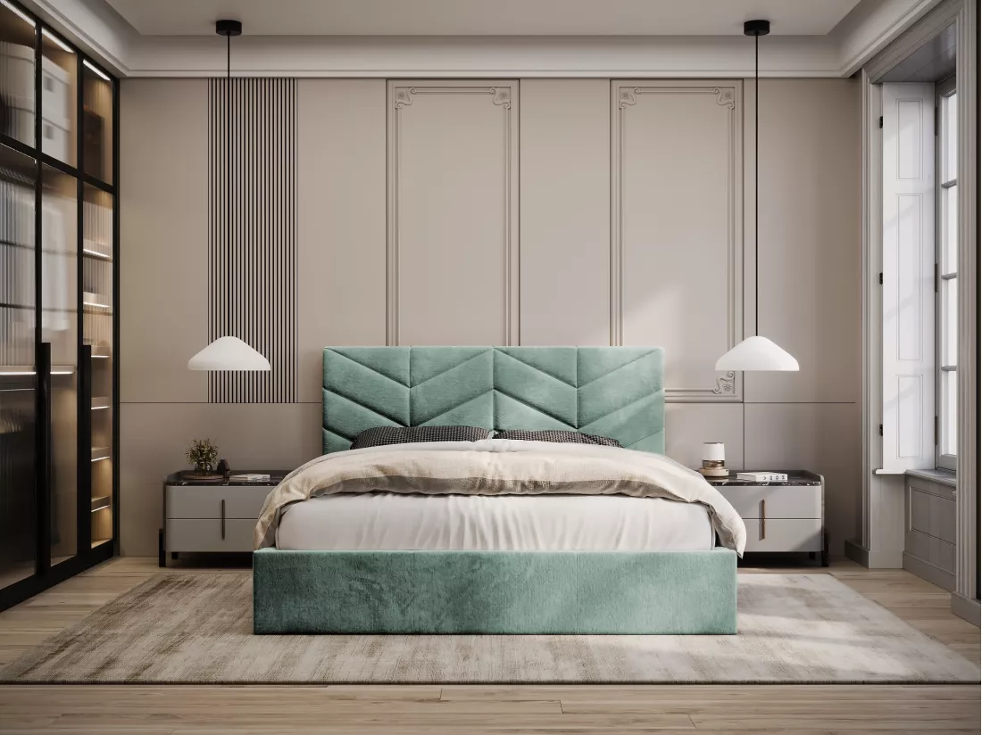 Lit coffre 160 x 200 cm - Tissu texturé - Vert amande - JUSTANI