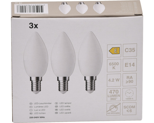 3x LED kaarslamp C35 E14/4,2W (40W) 470 lm 6500 K daglichtwit helder 3 stuks