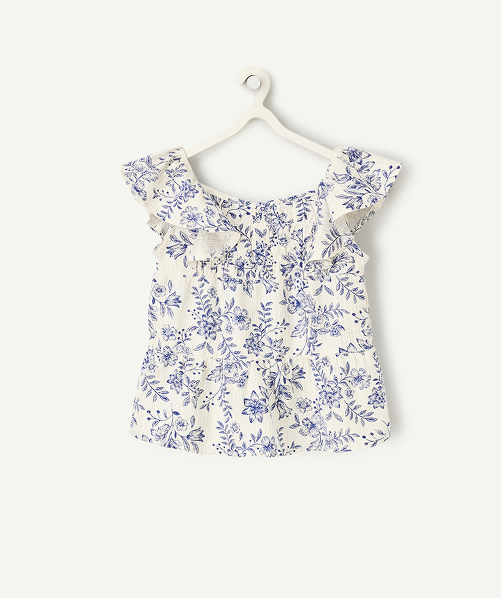 chemise manches courte fille en viscose responsable blanc imprimé fleurs bleues