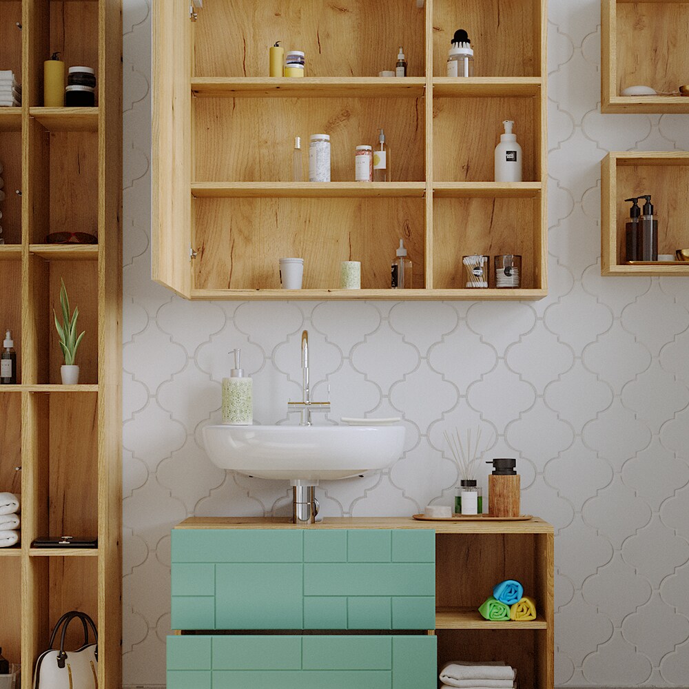 Vicco Badmöbel-Set Rudi in Eiche Evoke Mintgrün, Badezimmer, moderne Badserie Waschbeckenunterschrank Spiegelschrank Hochschrank Wandregal