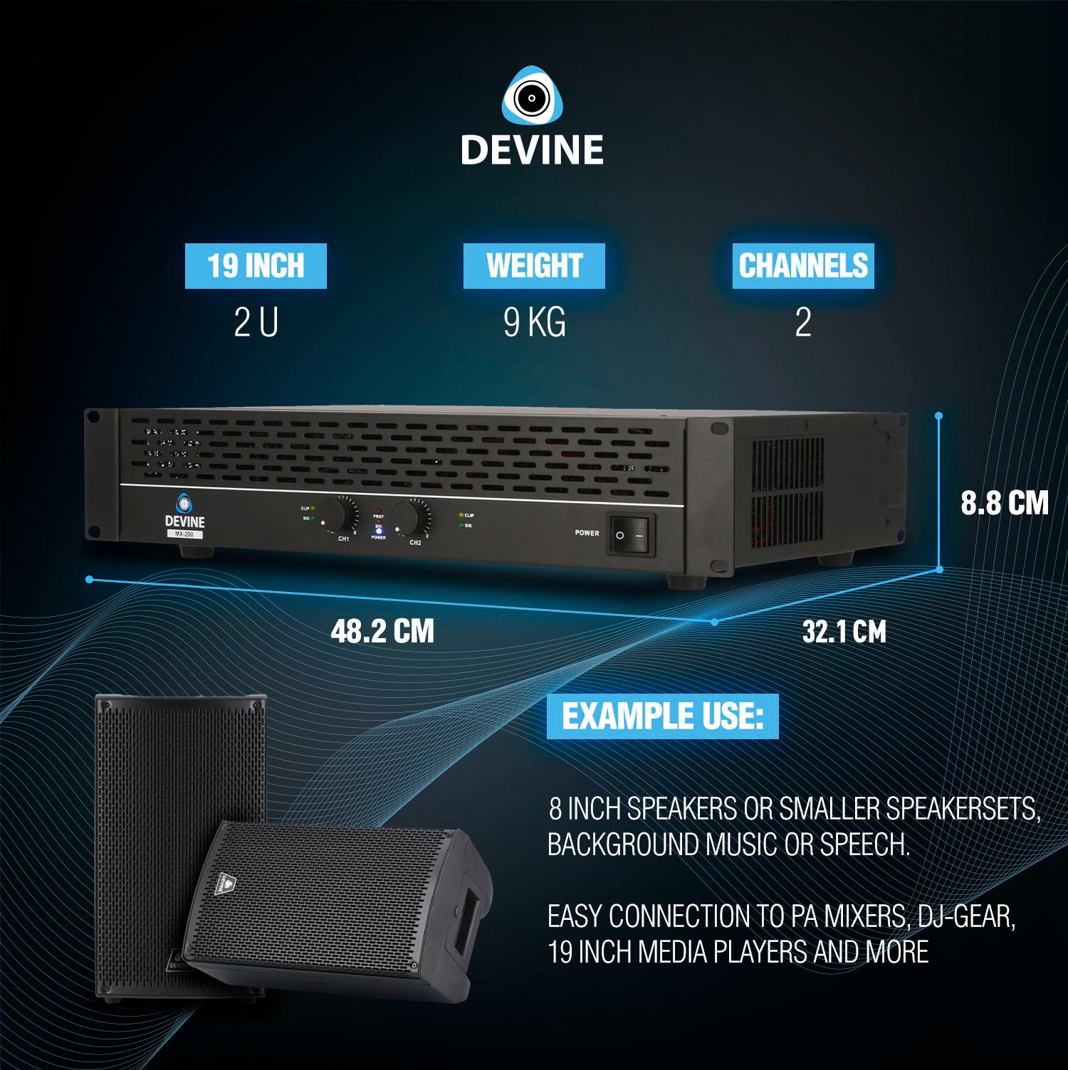 Devine MX-200 2-kanaals PA-eindversterker 2x 100W @ 8 Ohm
