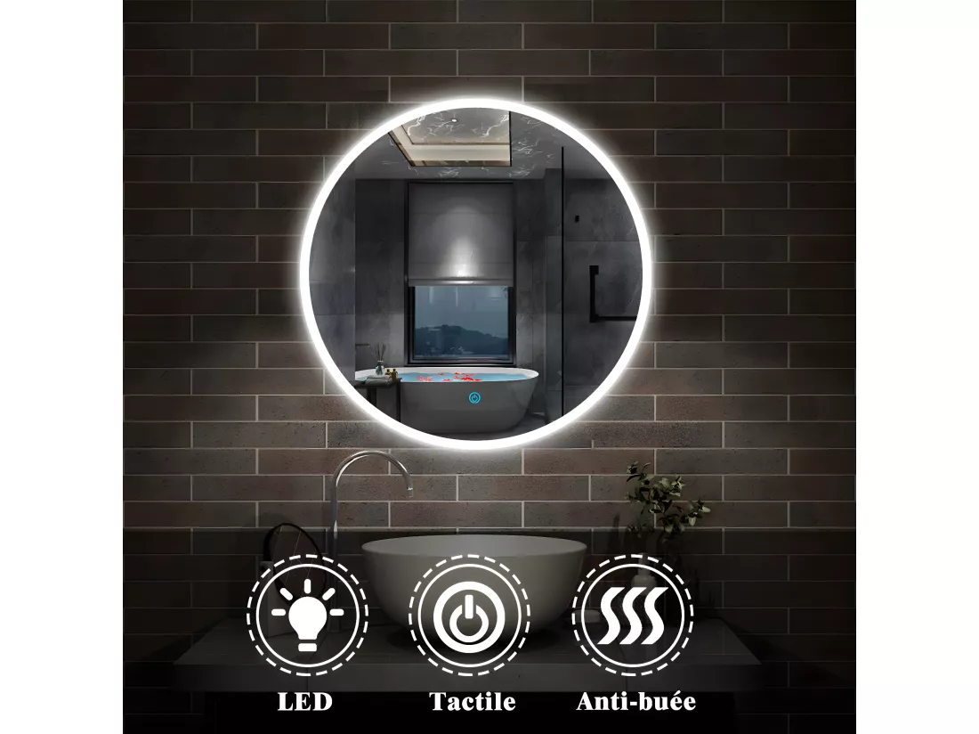 Miroir de Salle de Bain Rond Avec LED et Anti-buée Blanc Froid (6000K) 70cm Aica