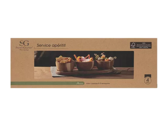 Set apéritif avec plateau et 3 bols en bois - Marron - L 30 cm