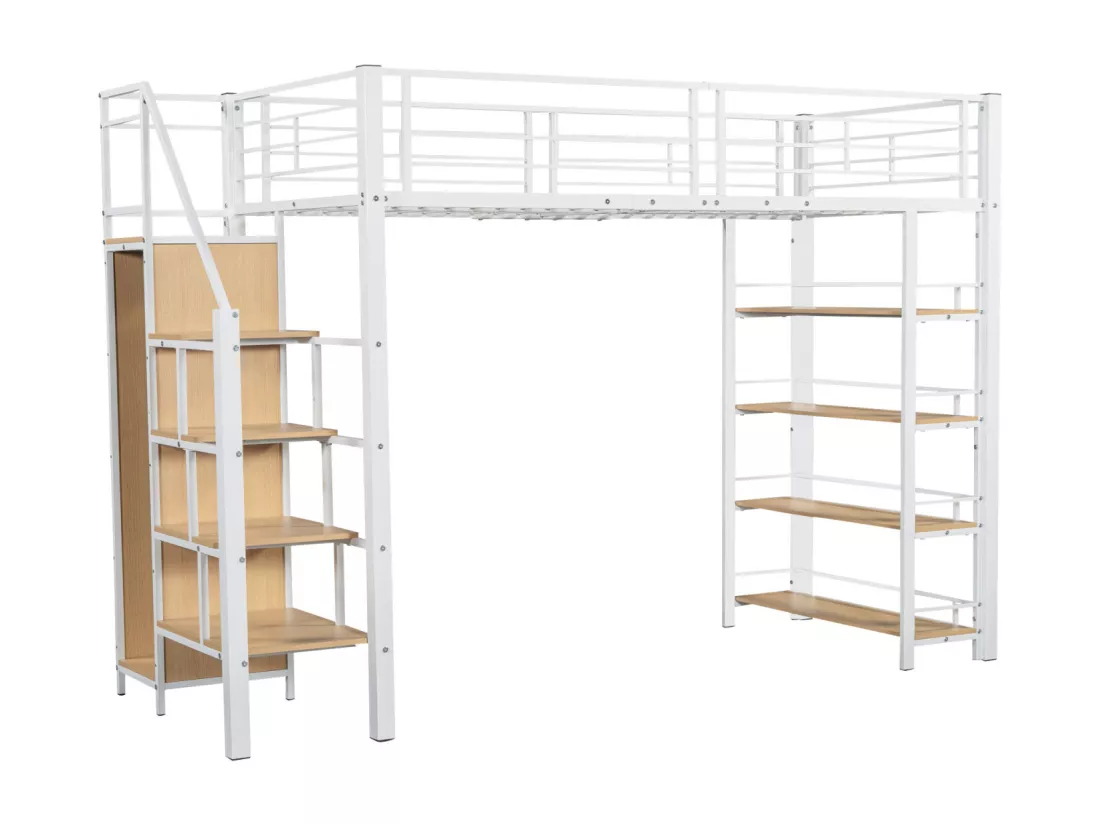 Lit mezzanine 90x200cm, lit enfant avec échelles et étagères de rangement et petite penderie, design haute clôture, blanc