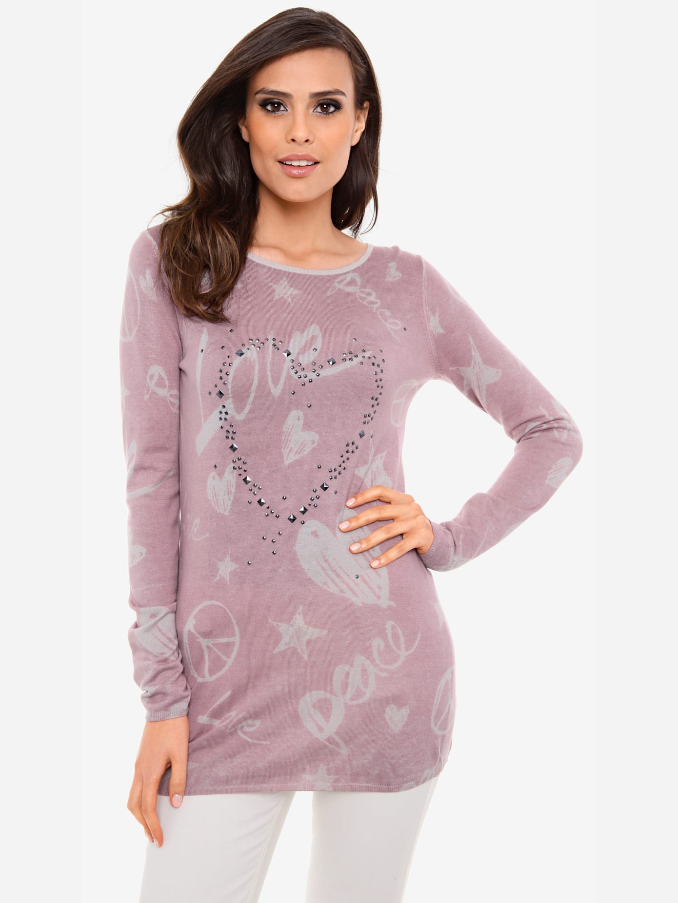 Pull imprimé superbe imprimé graphique avec cœur en rivets