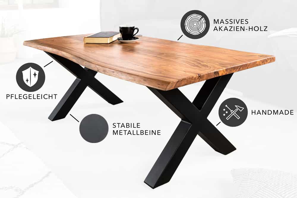 Massivholz Couchtisch MAMMUT 120cm Akazie Honey Finish X-Gestell schwarz 2,5cm Tischplatte