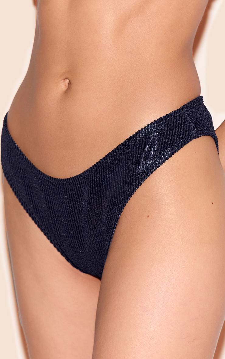 Bleu Marine Bas De Bikini Taille Haute Métallique Froissé
