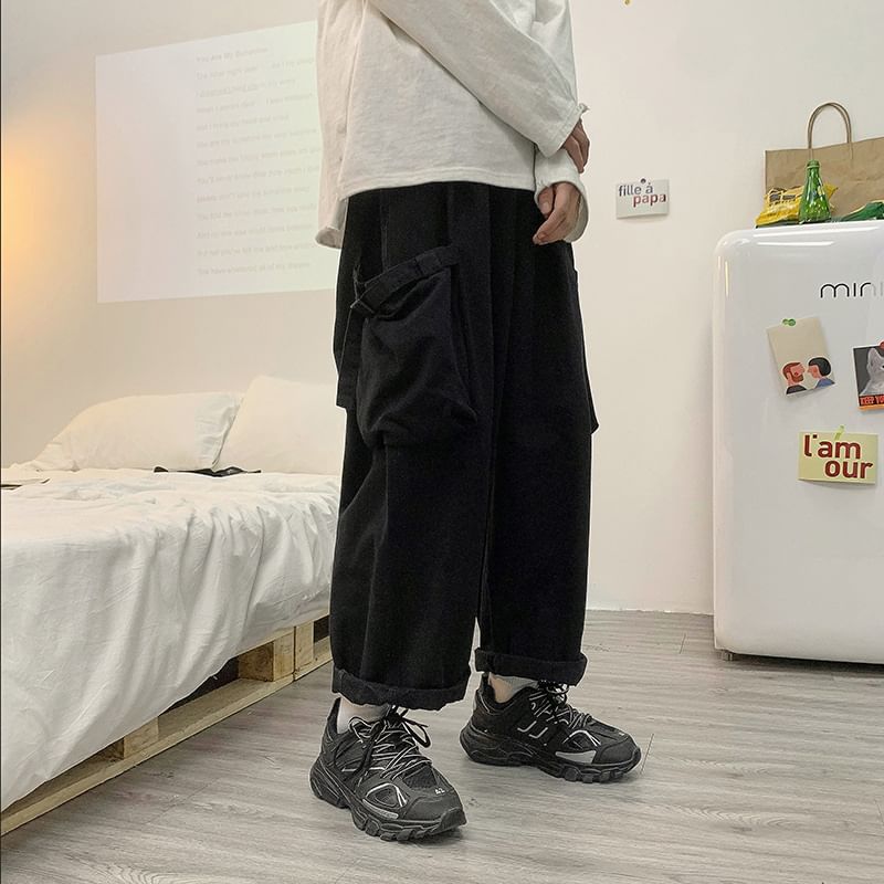 emeisa - Mid Rise Plain Cropped Wide Leg Cargo Pants