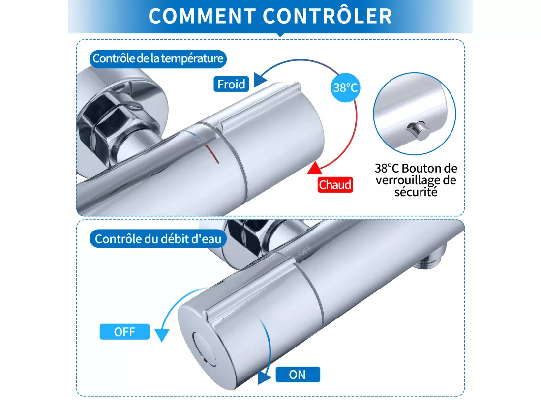 Mitigeur Thermostat Douche Robinet Mitigeur Douche pour Colonne de Douche Baignoire Robinetterie de Bain en Laiton Chromé