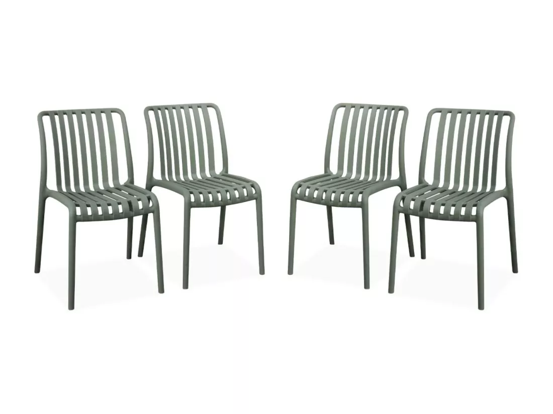 Lot de 4 chaises de jardin en plastique vert de gris. empilables. déjà montées