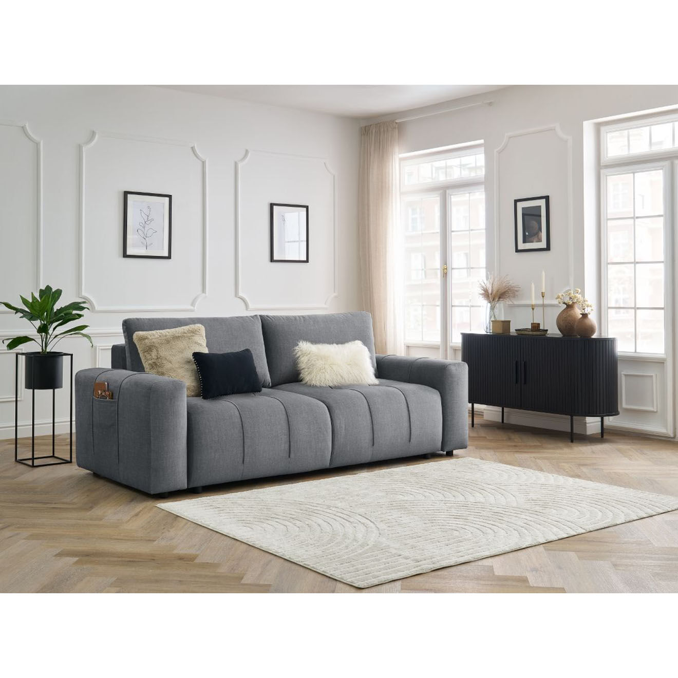 Bobochic Canapé droit convertible en Velours 3 places Arsène avec coffre gris foncé - 248x105x90 cm