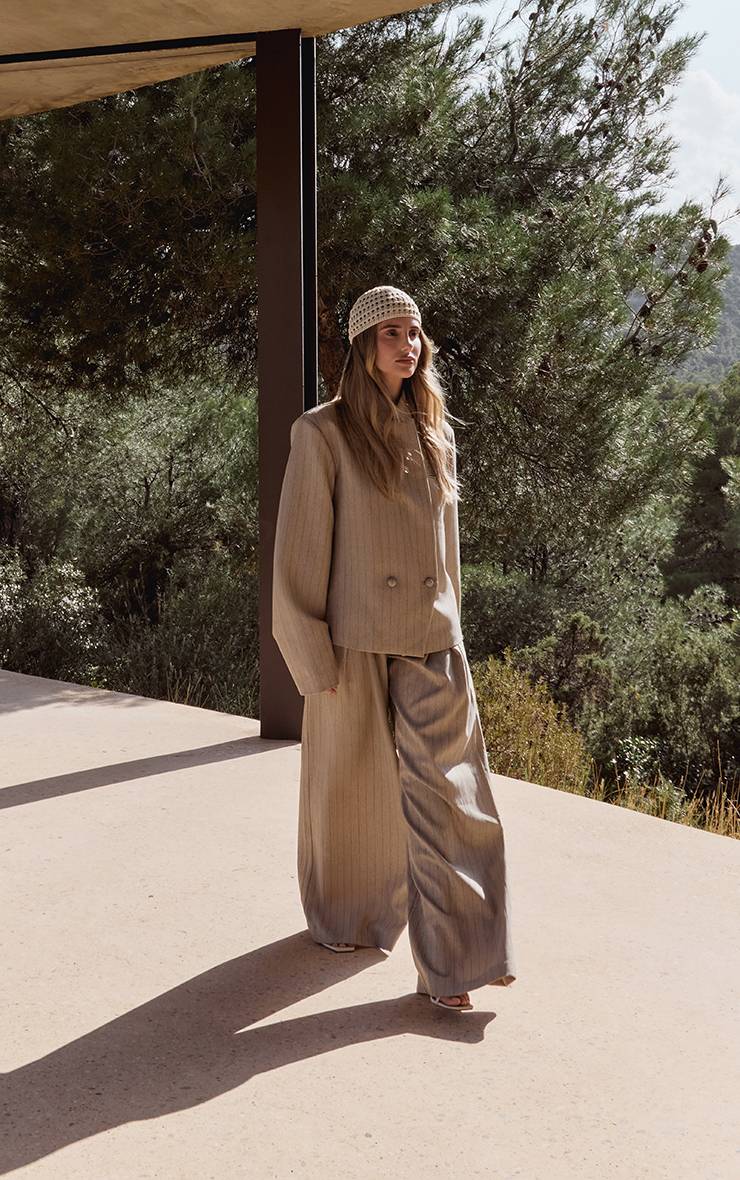 Taupe Pantalon Large Plissé À Rayures Fines Ensemble Coordonné