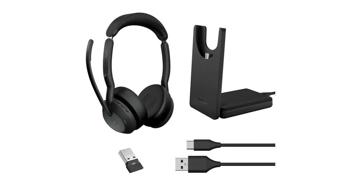 JabraEvolve2 55, Incl. oplaadstandaard on-ear headset  (Zwart, Stereo, Microsoft Teams, USB-A, Link380a)