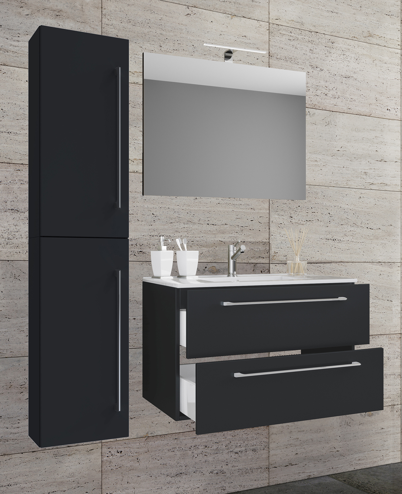 4-teiliges Badmöbel-Set BADINOS - schwarz - Hochschrank - 114 cm
