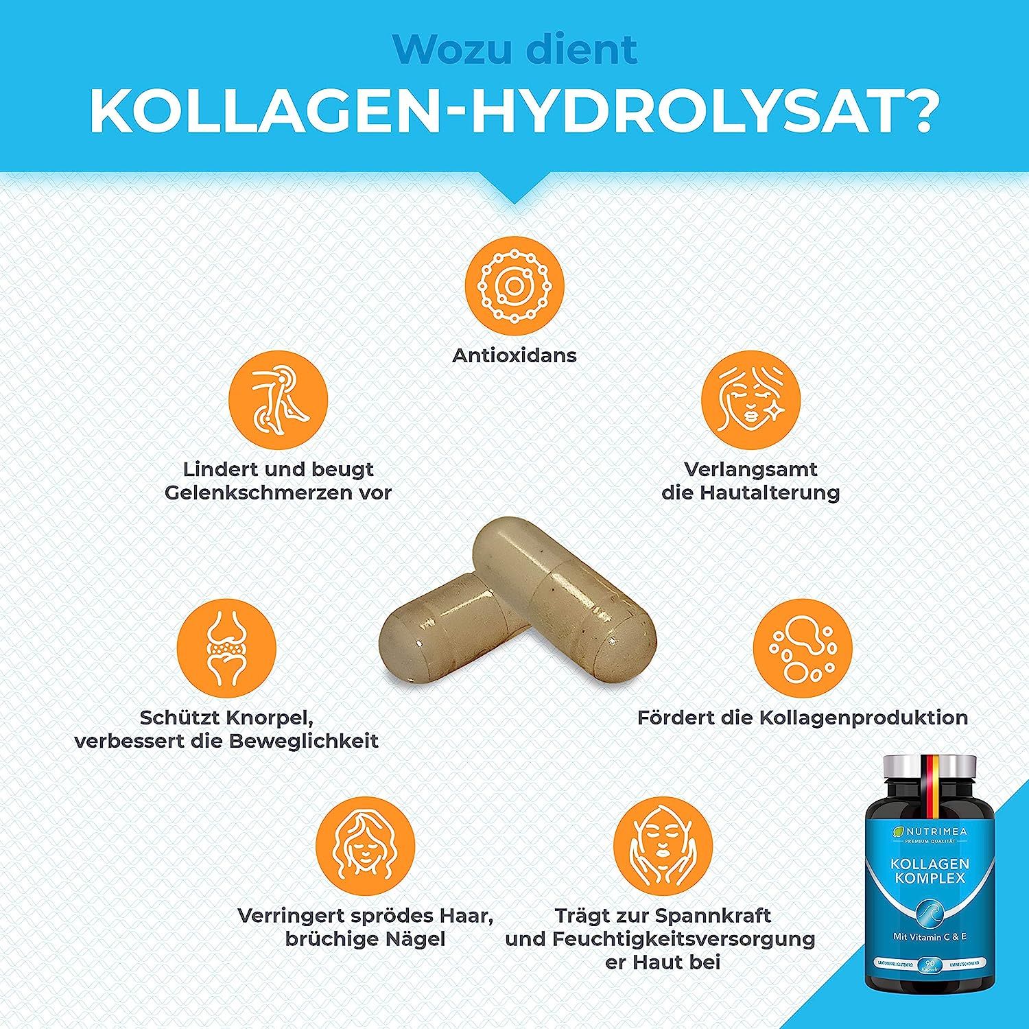 Nutrimea Nutrimea COLLAGEN  mit Natürlichem Vitamin C, E, A | Kollagen Hydrolysat Peptide Typ I + II