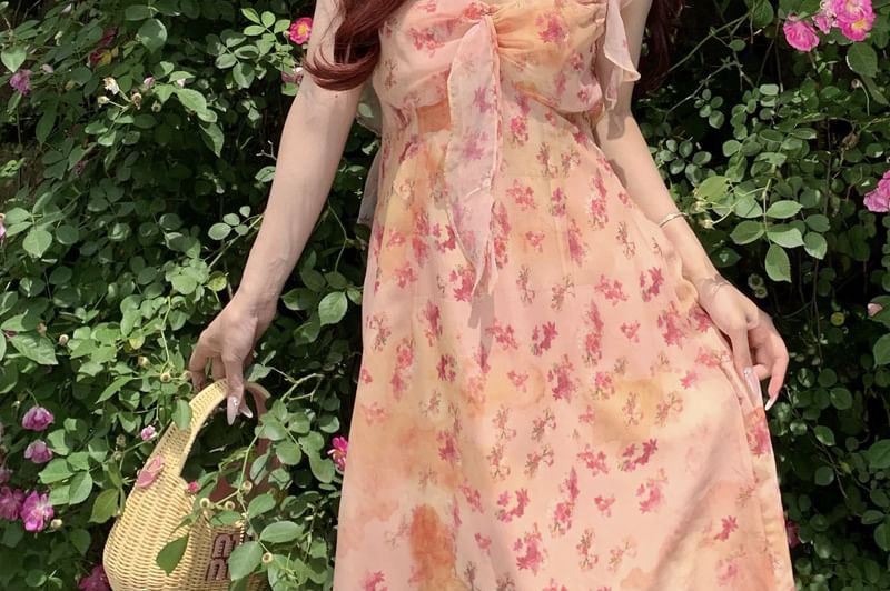 Moanum - Maxi-jurk met spaghettibandjes en bloemenprint