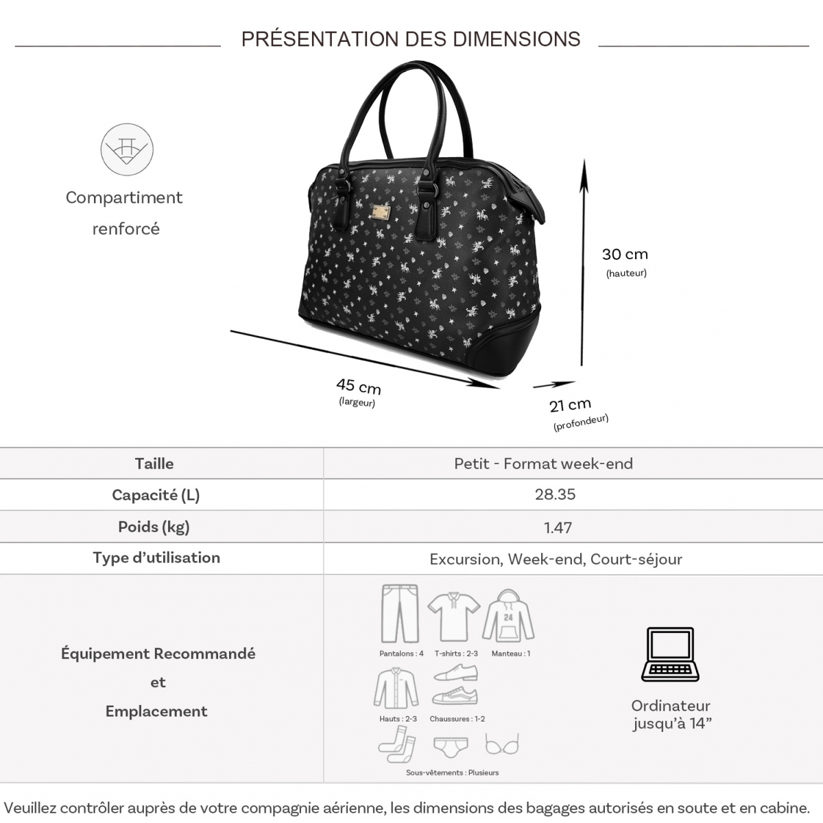 David Jones Sac de voyage week-end 28L porte-ordinateur 14