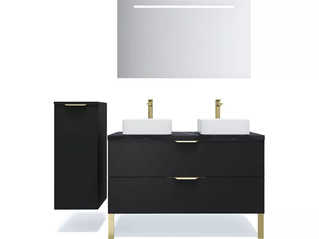 Meuble de salle de bain suspendu 2 vasques à poser 120cm 2 tiroirs Noir - Venice