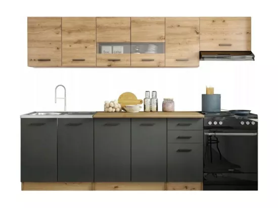 Cuisine complète 260cm avec décor gris et chêne Filly