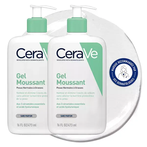 Gel de limpeza facial espumante CeraVe para pele normal a oleosa 2x473ml