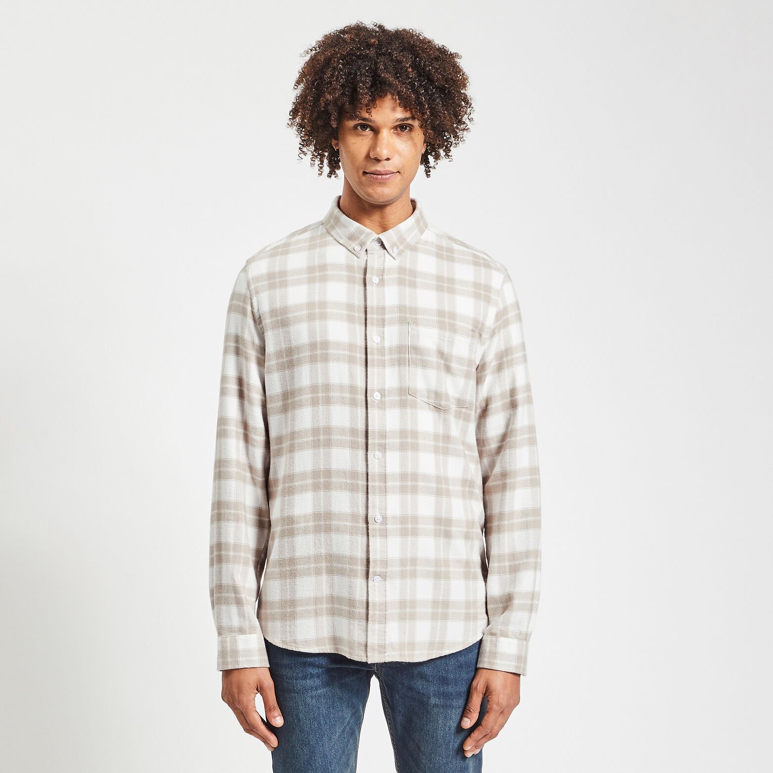 Chemise regular carreaux coton recyclé flanelle Ecru