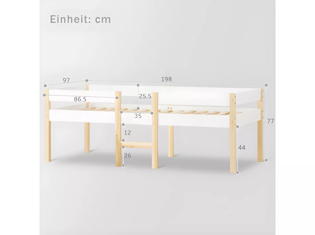 Lit mezzanine avec barrières de sécurité - en bois de pin massif - 90x190 cm - Blanc