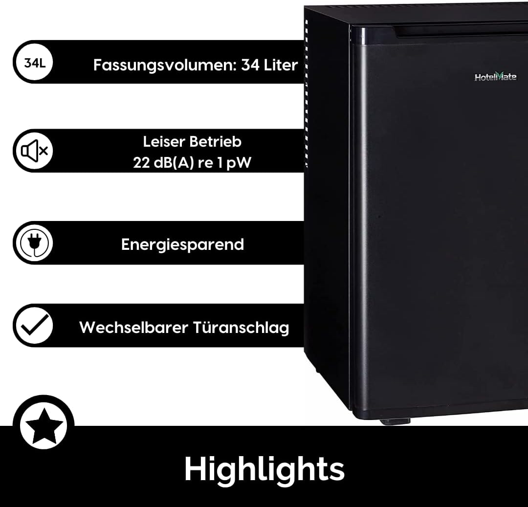 PKM Minibar-Kühlschrank MC40A+ HotelMate | Ideal für kleine Küche, Büro, Schlafzimmer, Hotels | Nutzinhalt 34L | Höhe 56cm | 96kWh | Sehr leise 22dB | schwarz
