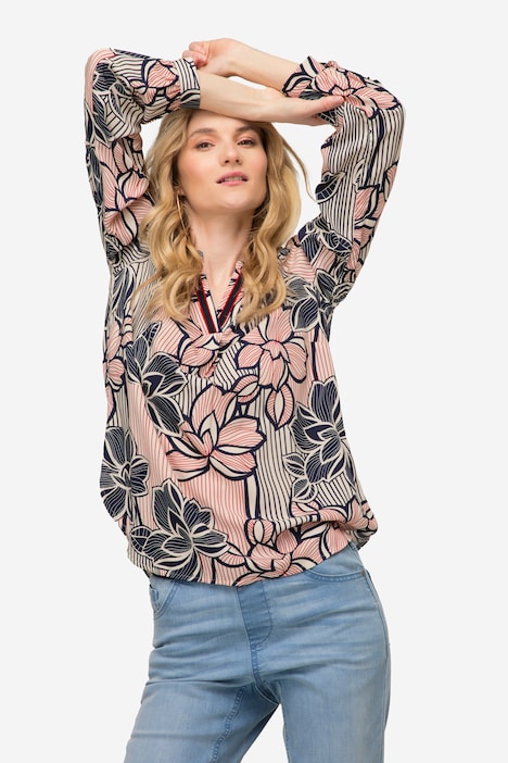 Bluse, Blumen Print, Stehkragen, Langarm