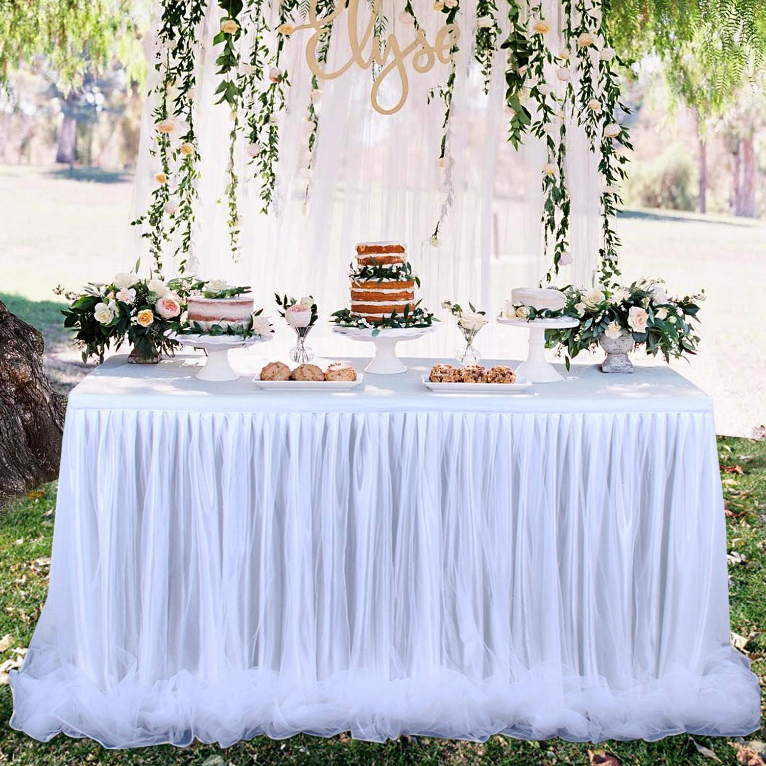 (274x76cm) Tisch Deko Tüll Tutu Tischrock Vorhang für Party / Hochzeit / Geburtstag - Weiss