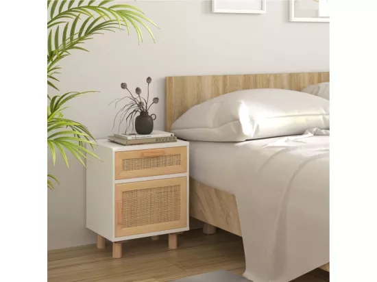Table de chevet Blanc Bois de pin massif et rotin naturel