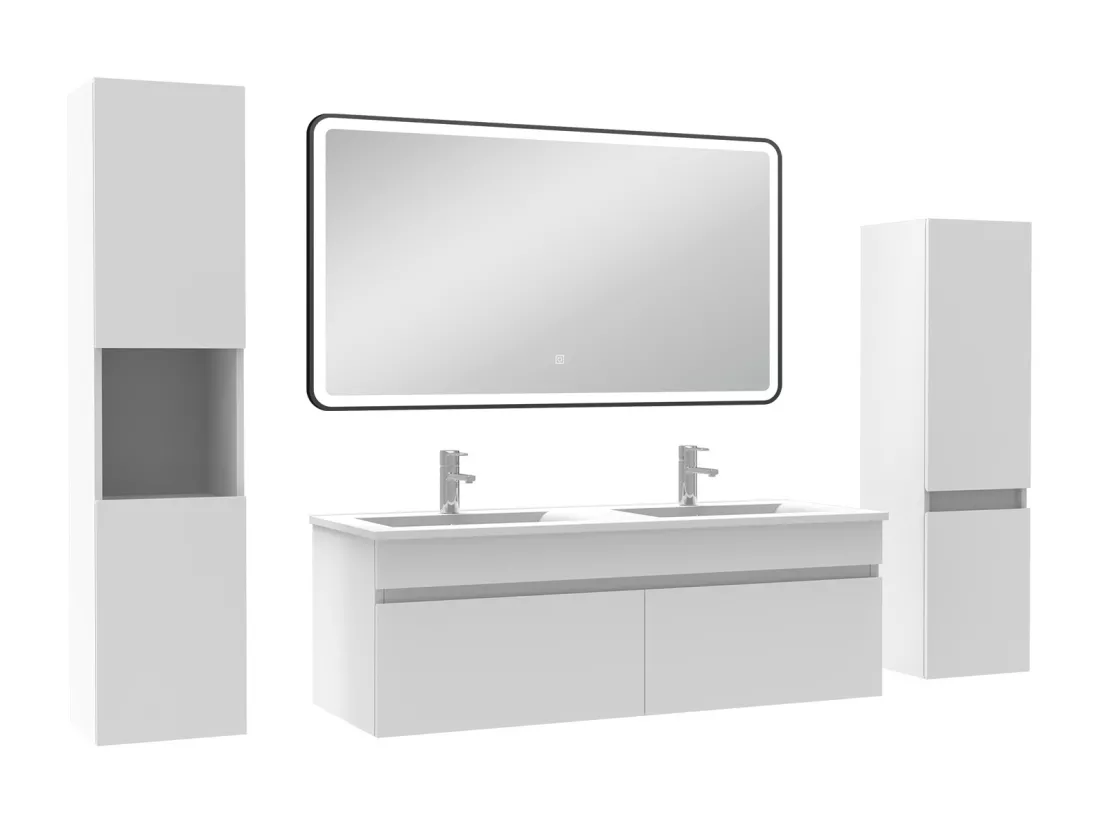 Meuble double vasque blanc 120cm avec colonne + miroir lumineux 3 couleurs + dimmable