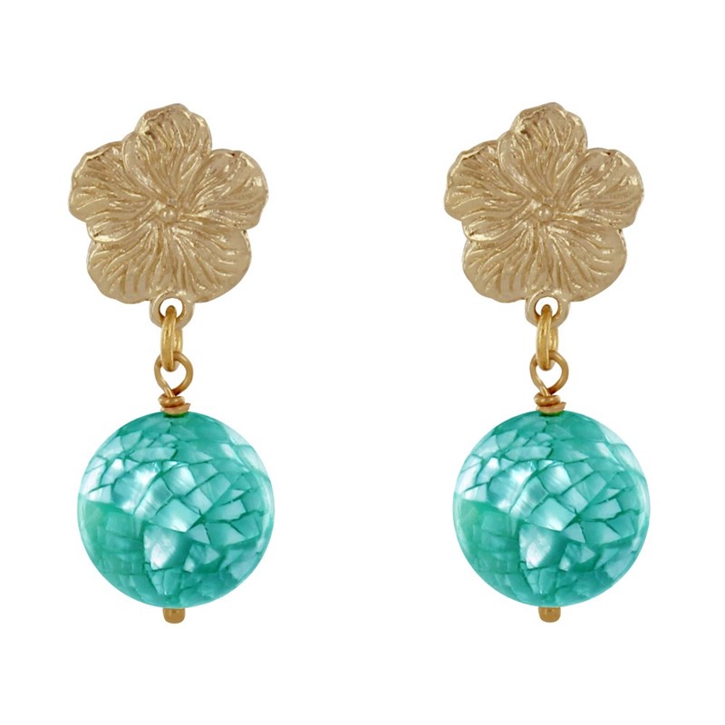 Boucles d'Oreilles Clous Métal Doré Fleur et Perle de Nacre Facettée
