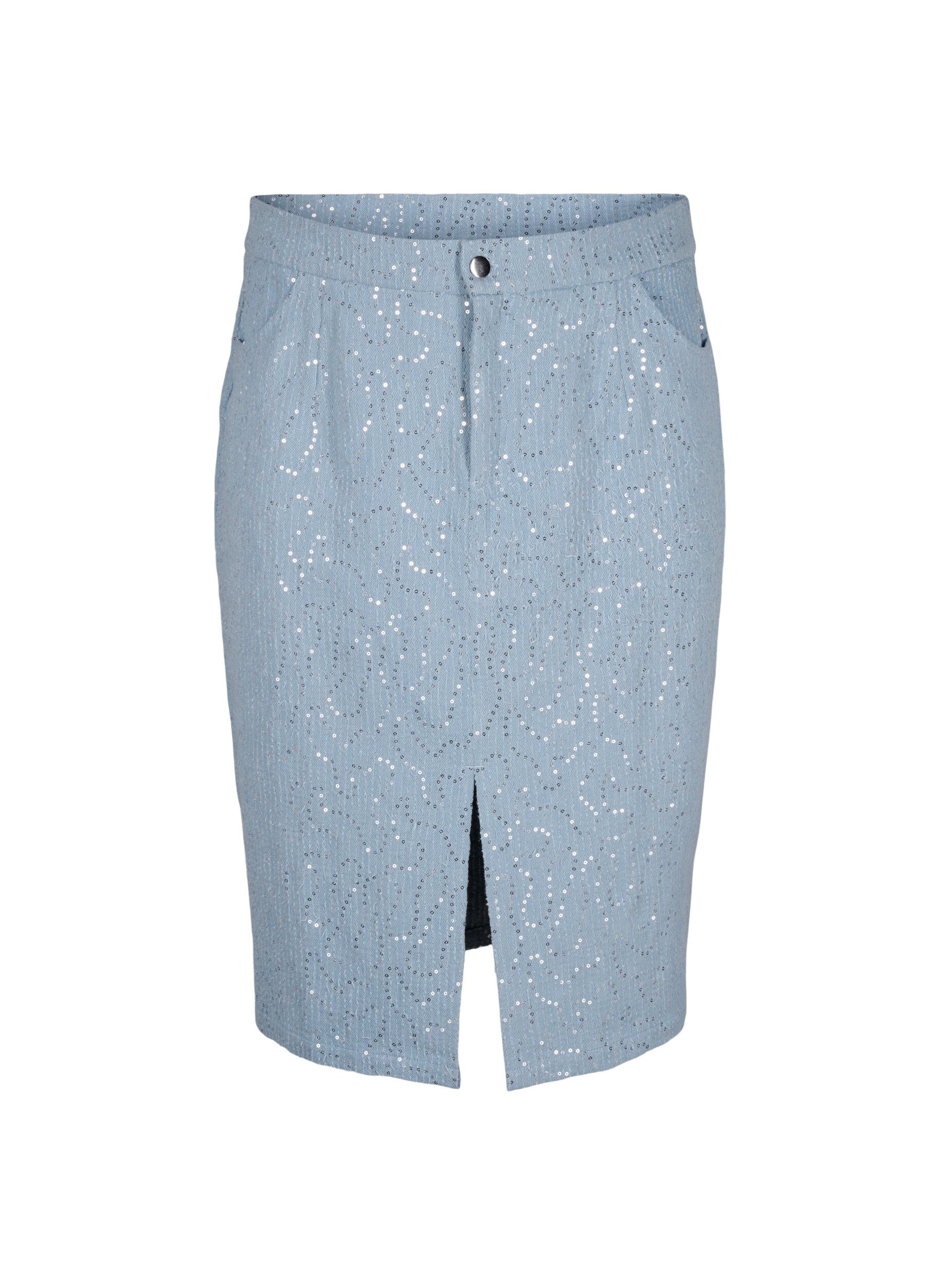 Denim nederdel med slids og pailletter