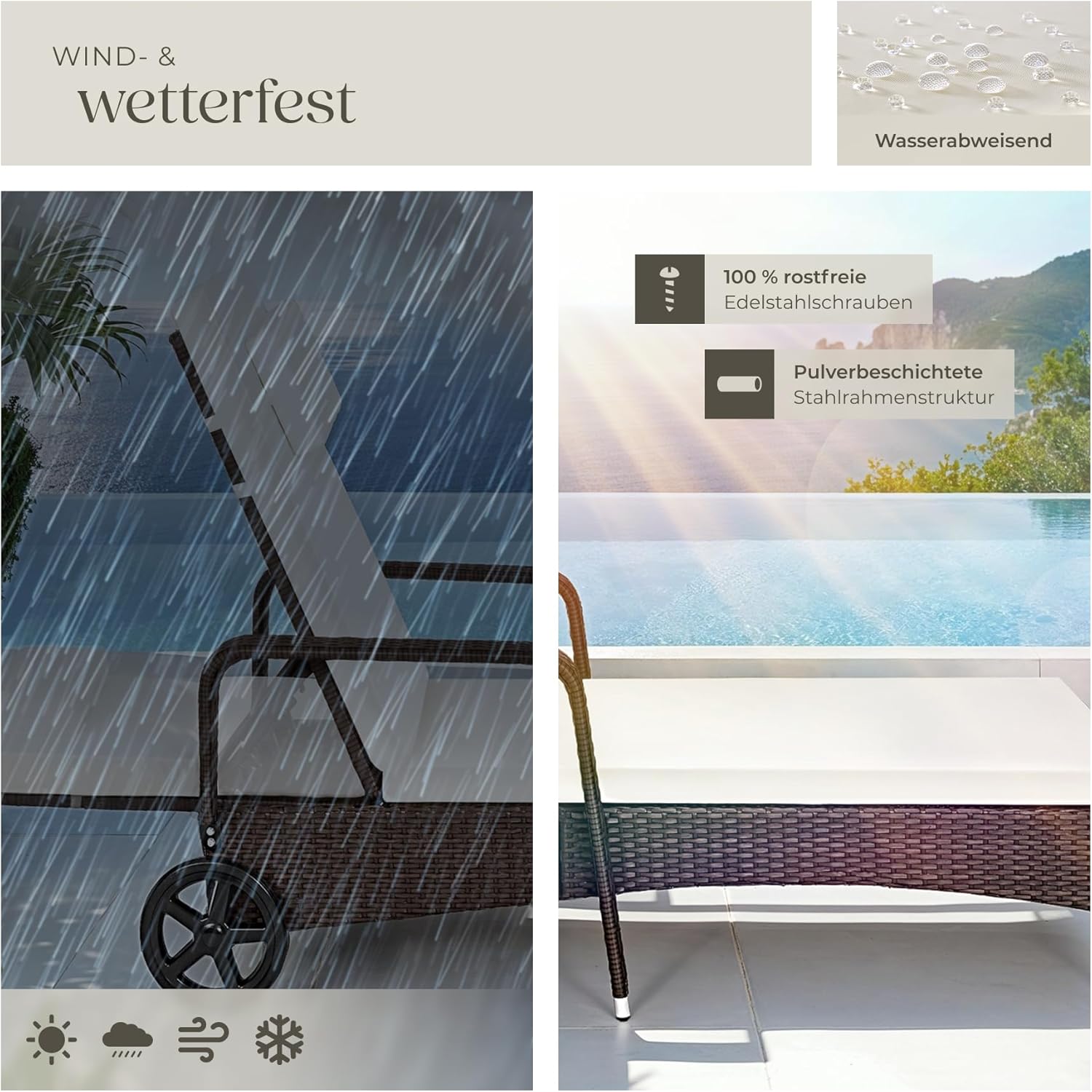 tectake Poly Rattan Gartenliege mit Rollen, 6-Fach höhenverstellbarer Liegestuhl, bis 120kg belastbar, Sonnenliege Rattan (wetterfest), Liege inkl. Polster und Kissen - braun gemischt
