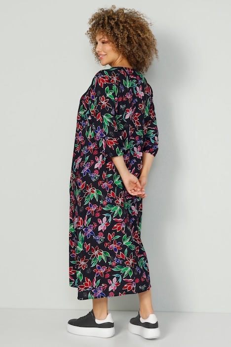 Midikleid, Alloverdruck, V-Ausschnitt, Zipper, 3/4-Ärmel