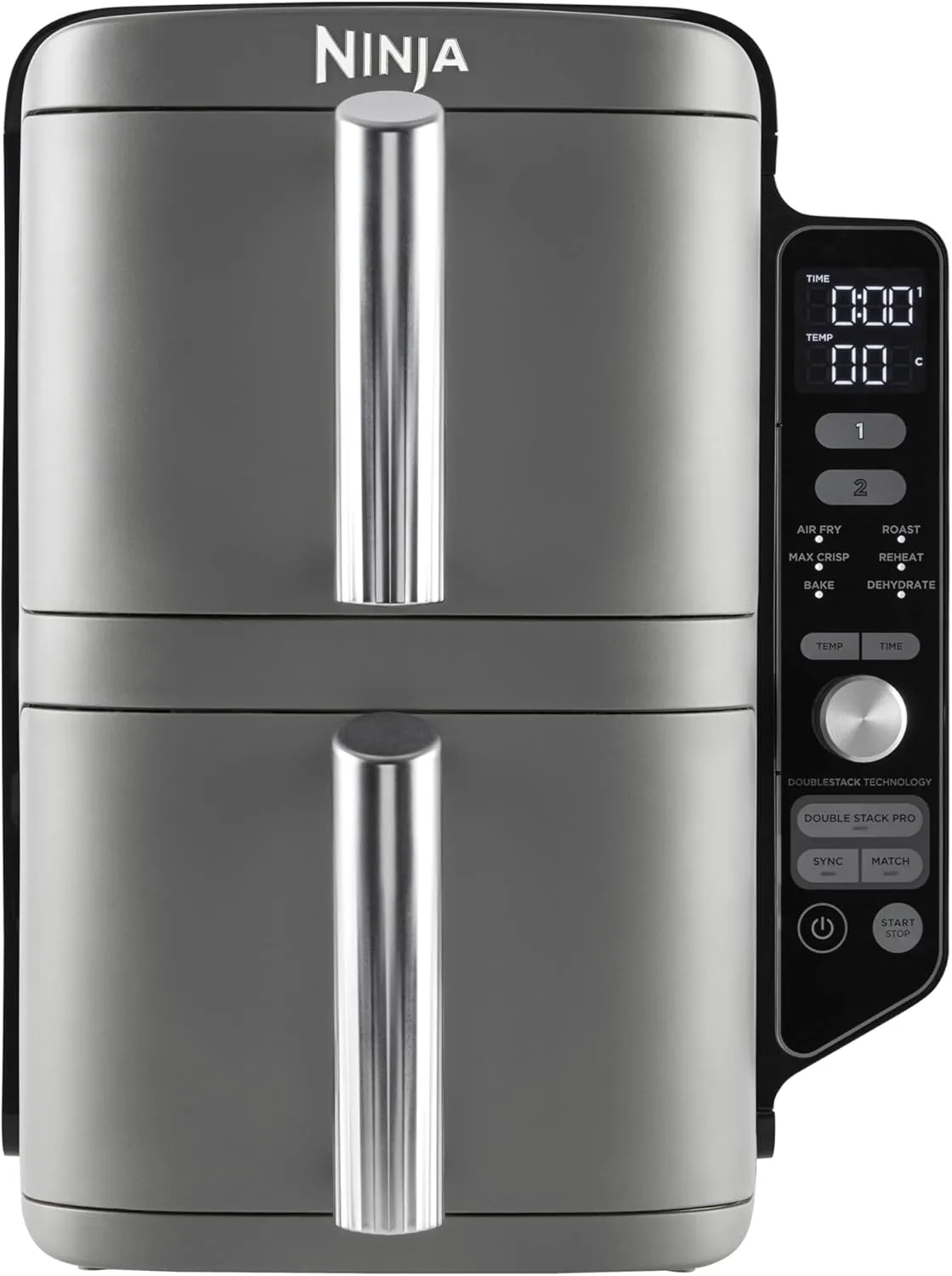 Ninja Double Stack XL Air Fryer Heißluftfritteuse, 9,5L Airfryer, Doppelkorb-Heißluftfritteuse mit 4 Kochstufen, 2 Körben, 2 Rosten, platzsparendes Design, 6 Kochfunktionen, 8 Portionen, Grau SL400EU