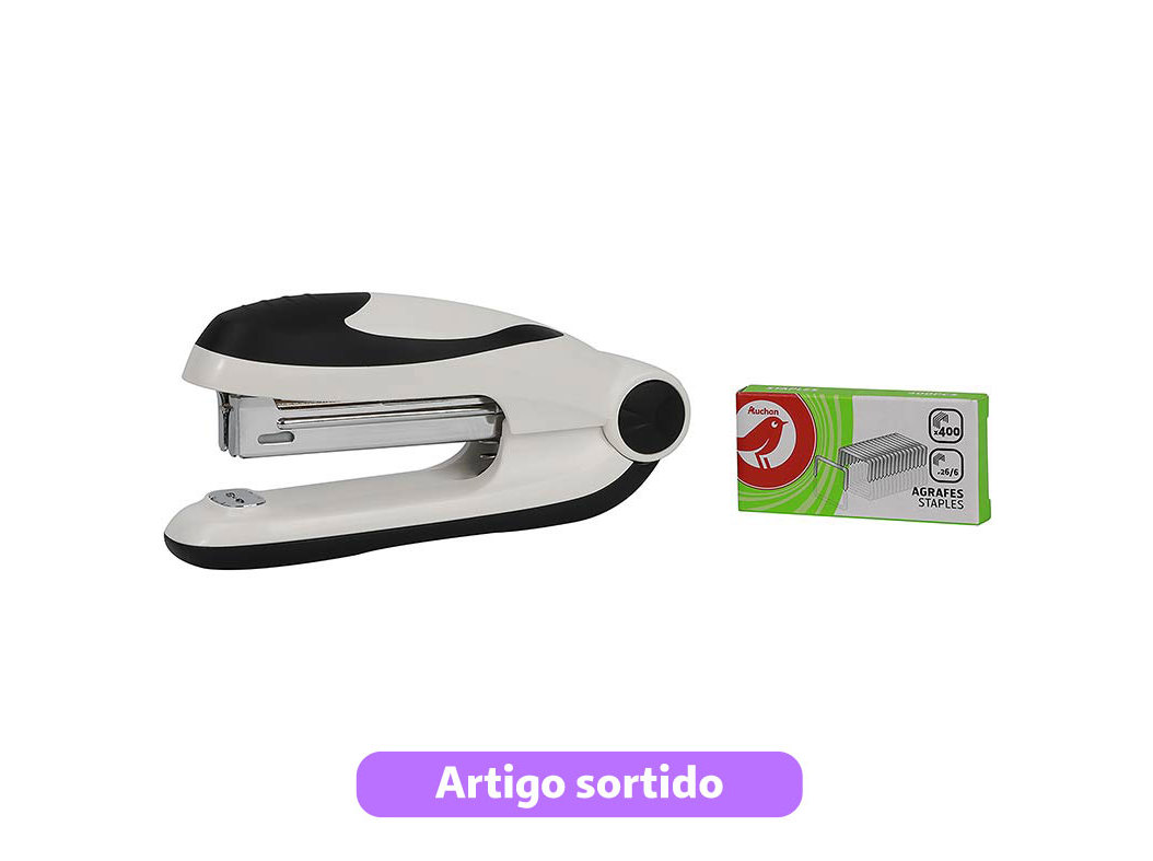 CONJUNTO DE MINI AGRAFADOR N.10 AUCHAN E CAIXA COM 400 AGRAFOS CORES SORTIDAS