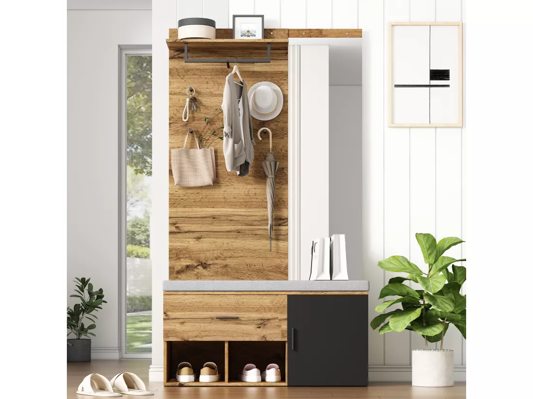 Vestiaire avec porte manteau + banc à chaussures + miroir - Naturel
