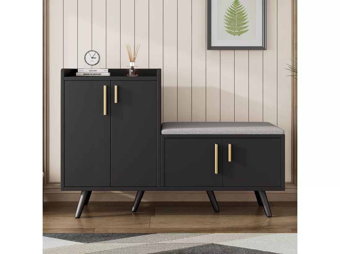 Banc à chaussures moderne avec 4 portes et coussin - pièds et poignées en métal - coloris noir - 120 x 34 x 82 cm