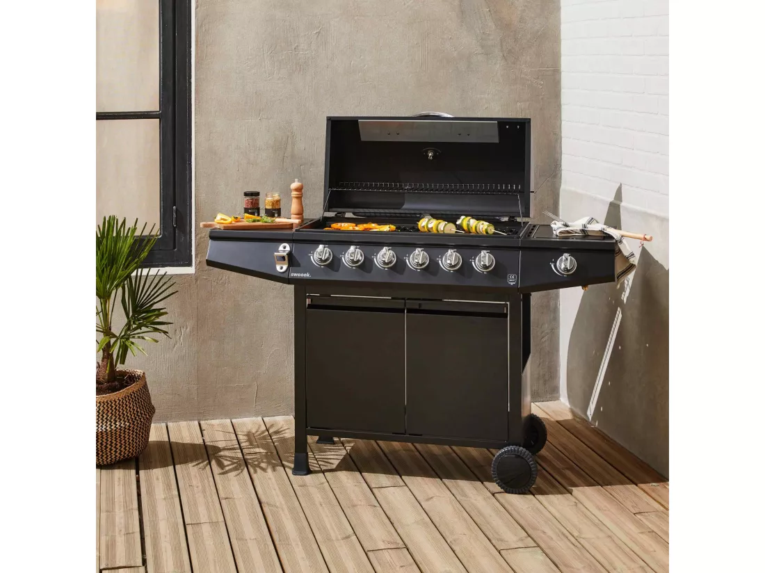 Barbecue gaz - Treville - Barbecue 7 brûleurs dont 1 feu latéral noir. avec thermomètre