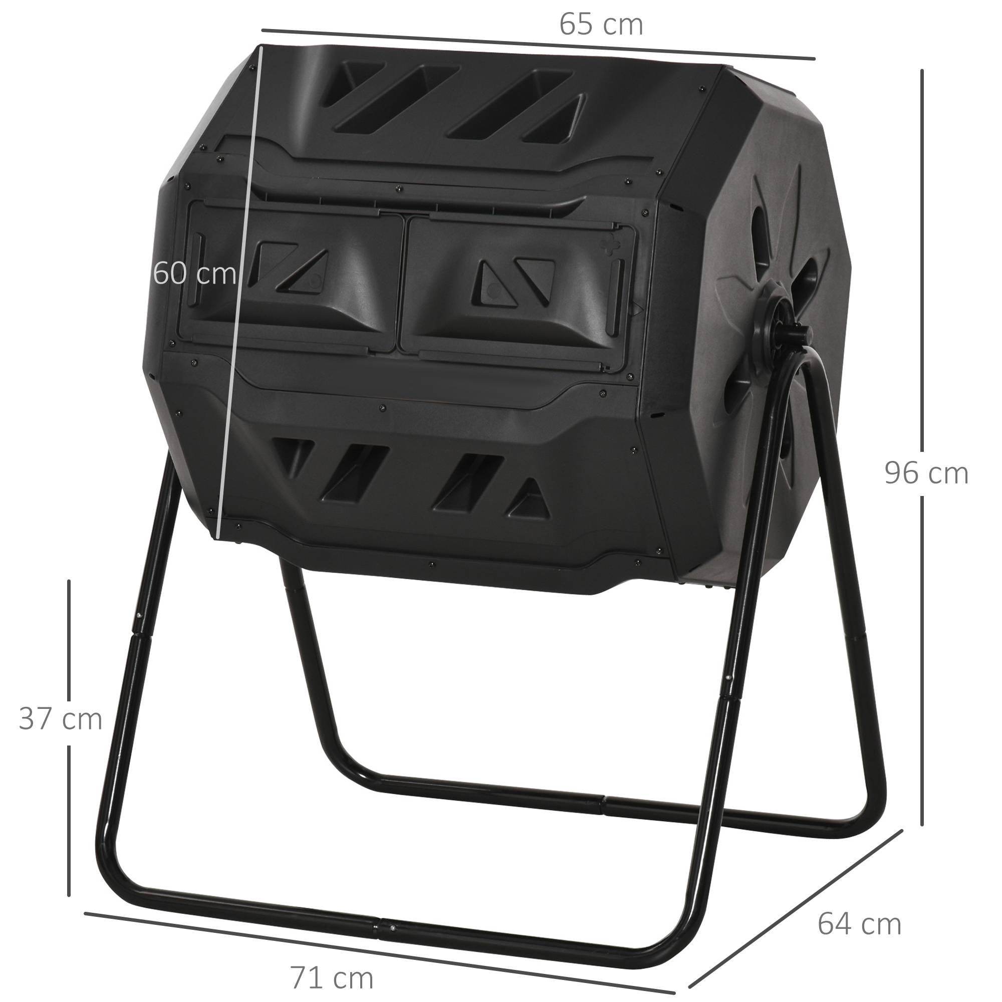 Compostor rotativo de tambor preto Outsunny com recipiente de câmara dupla para jardim.