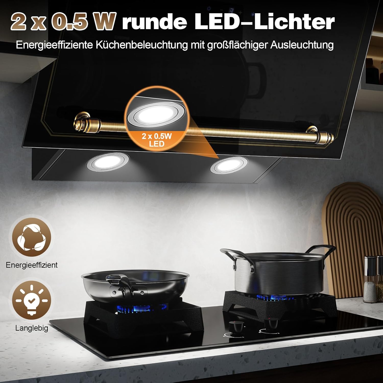 SNDOAS Dunstabzugshaube 60cm, Abzugshaube mit A+++ Energieeffizienz, Abluft/Umluft, 400 m³/h, 3 Stufen + Booster, Wandhaube mit Aktivkohlefilter, Gehärtetes Glas Touchscreen und LED, Schwarz/Gold