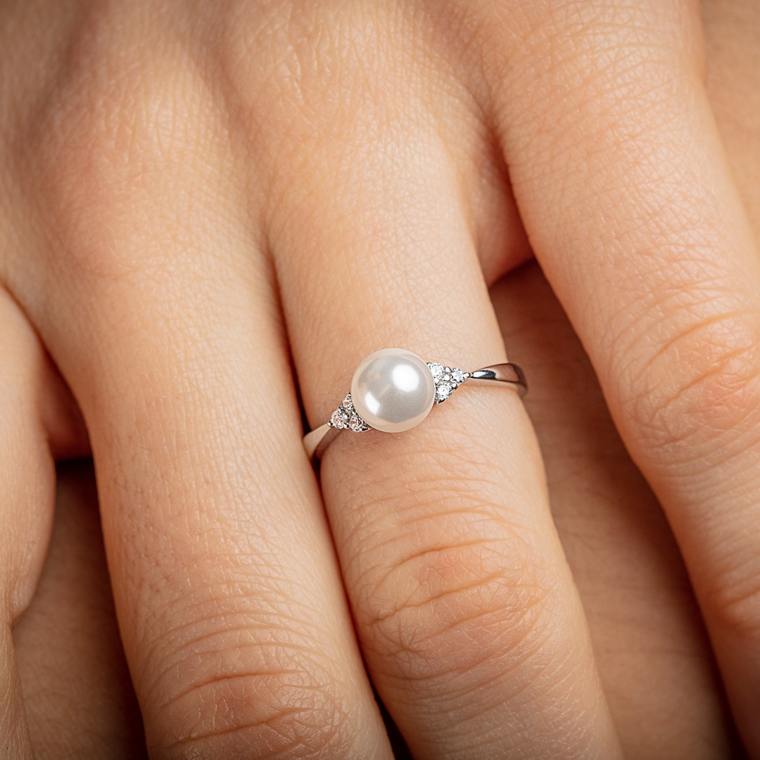 Damenring 925 Silber rhodiniert mit Kunstperle 6mm und Zirkonia